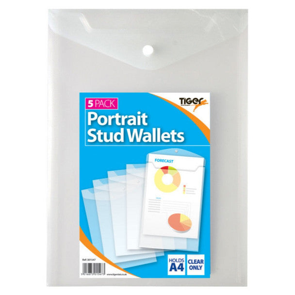 Tiger A4 Clear Press Stud Popper Wallets - Pack of 5