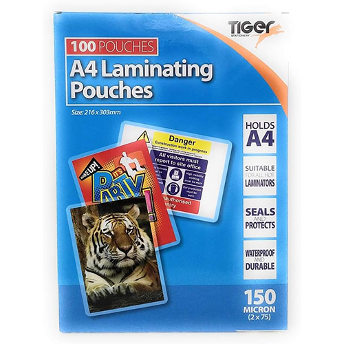 Tiger A4 laminating pouches 150 microns Box of 100