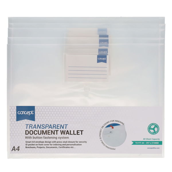 5 A4 Button Document Wallets Clear