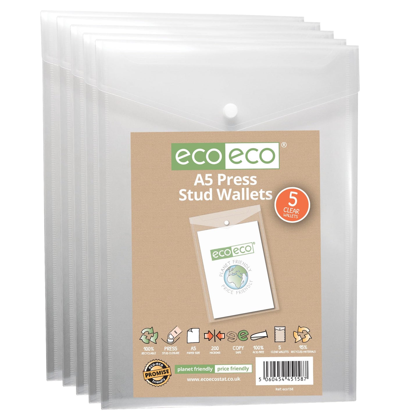 eco-eco Recycled Clear Press Stud Popper Wallets A6, A5 or A4