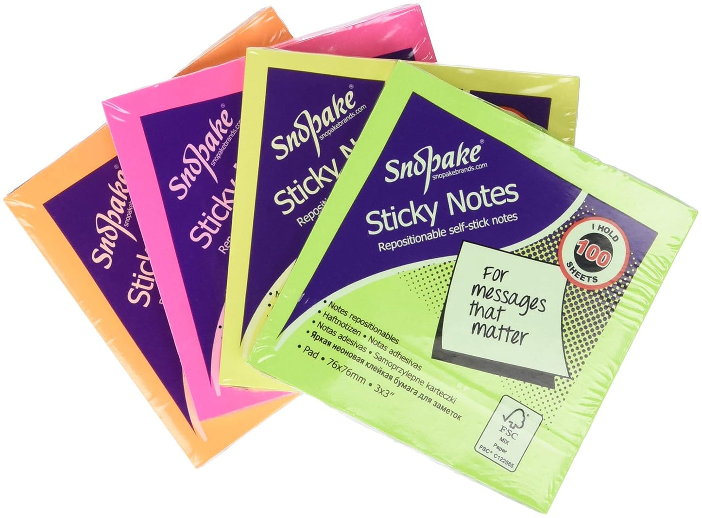 Snopake Sticky Notes 76x76mm 100 Sheets Neon 4 Colours