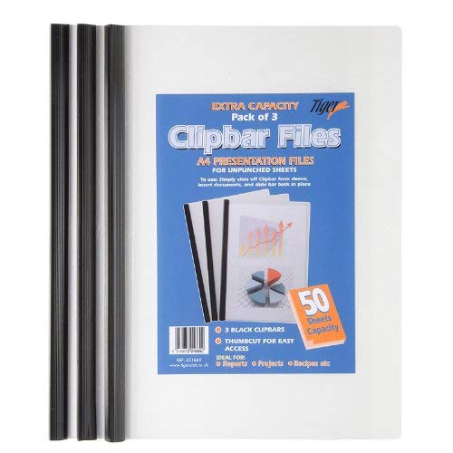 Tiger A4 Clip Bar File Document Presentation Folder in Black Pack of 3