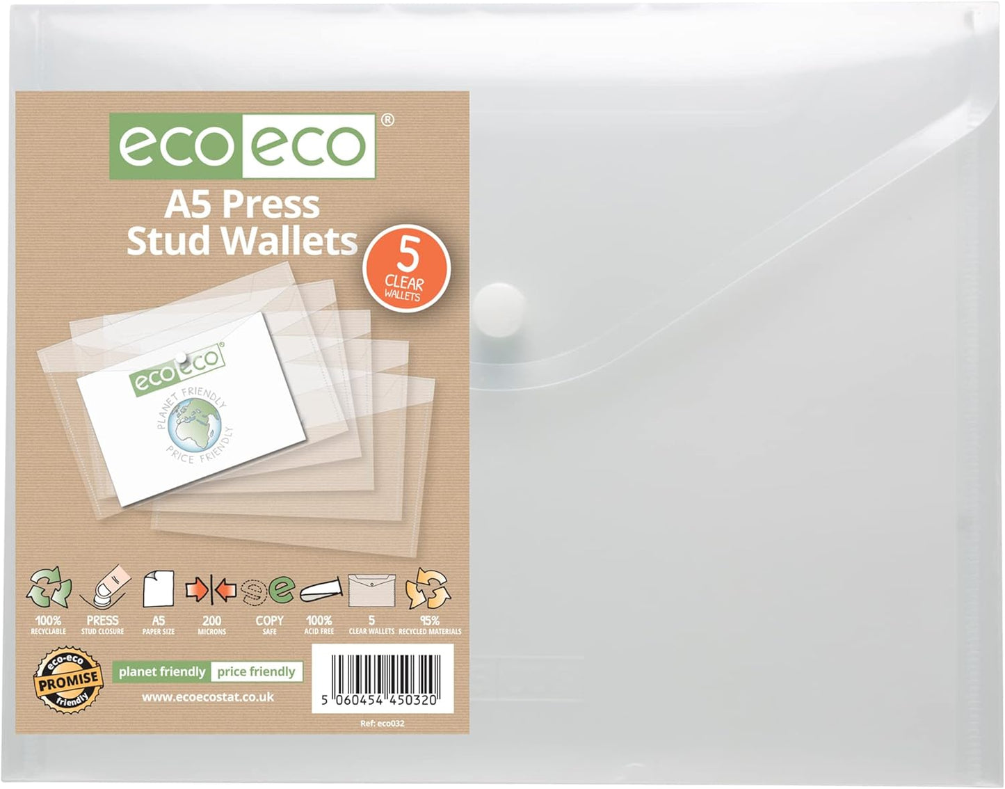 eco-eco Recycled Clear Press Stud Popper Wallets A6, A5 or A4
