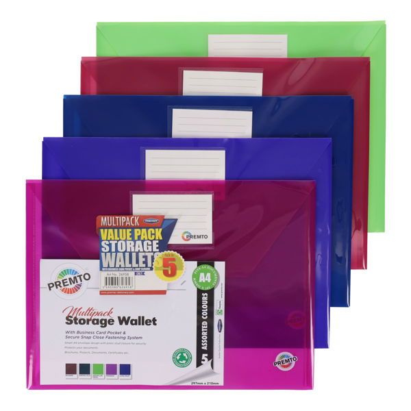 5 A4 Button Document Wallets 5 Asst Colours