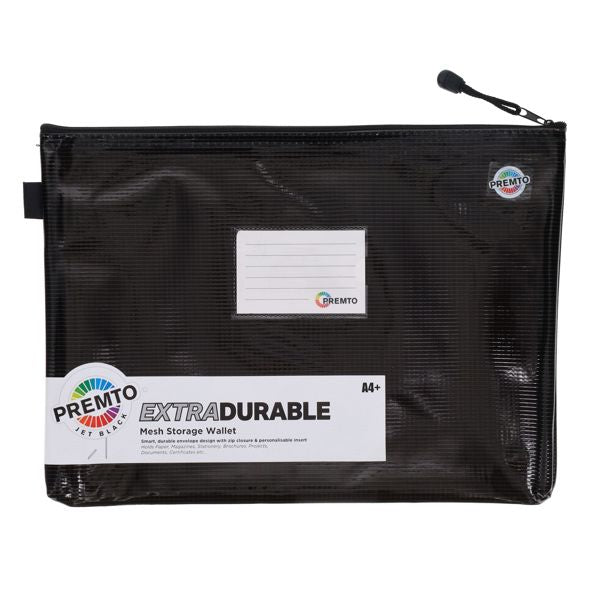 Premto A4+ Extra Durable Expanding Mesh Bag Secure Zip Jet Black