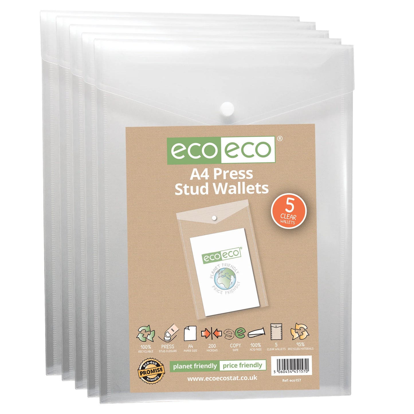 eco-eco Recycled Clear Press Stud Popper Wallets A6, A5 or A4