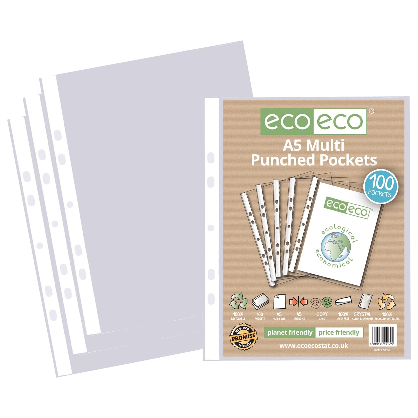 eco-eco A5 100% Recycled Glass Clear 45 Micron 25 or 100 Punched Pockets