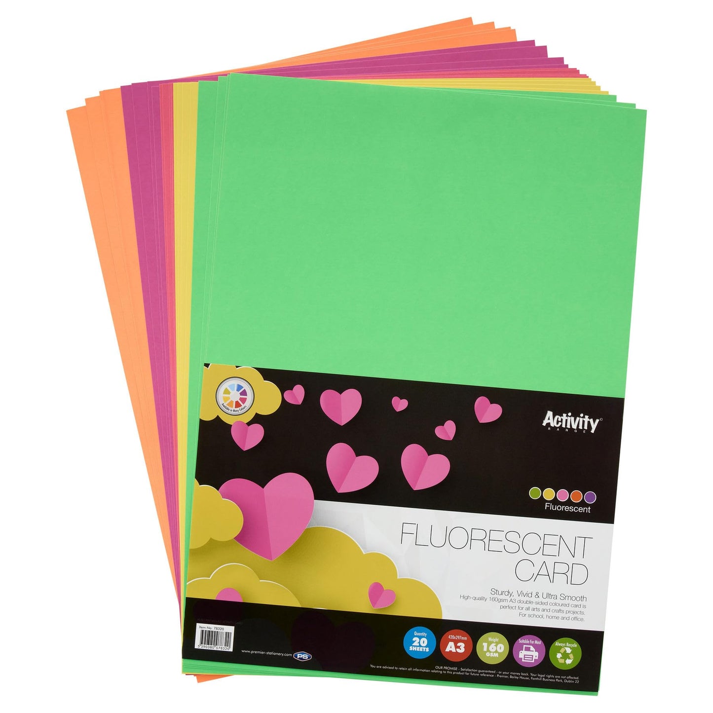A3 160gsm Coloured Card 20 Sheets - Fluorescent Assorted