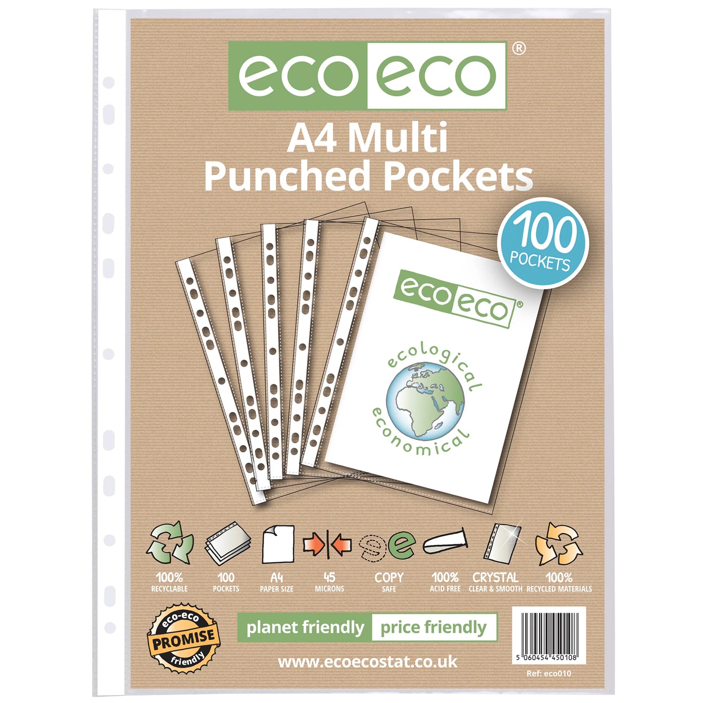eco-eco A4 100% Recycled Glass Clear 45 Micron Punched Pockets 25, 50, 100 or 200