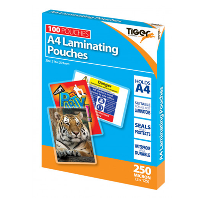Tiger A4 laminating pouches 250 microns Box of 100