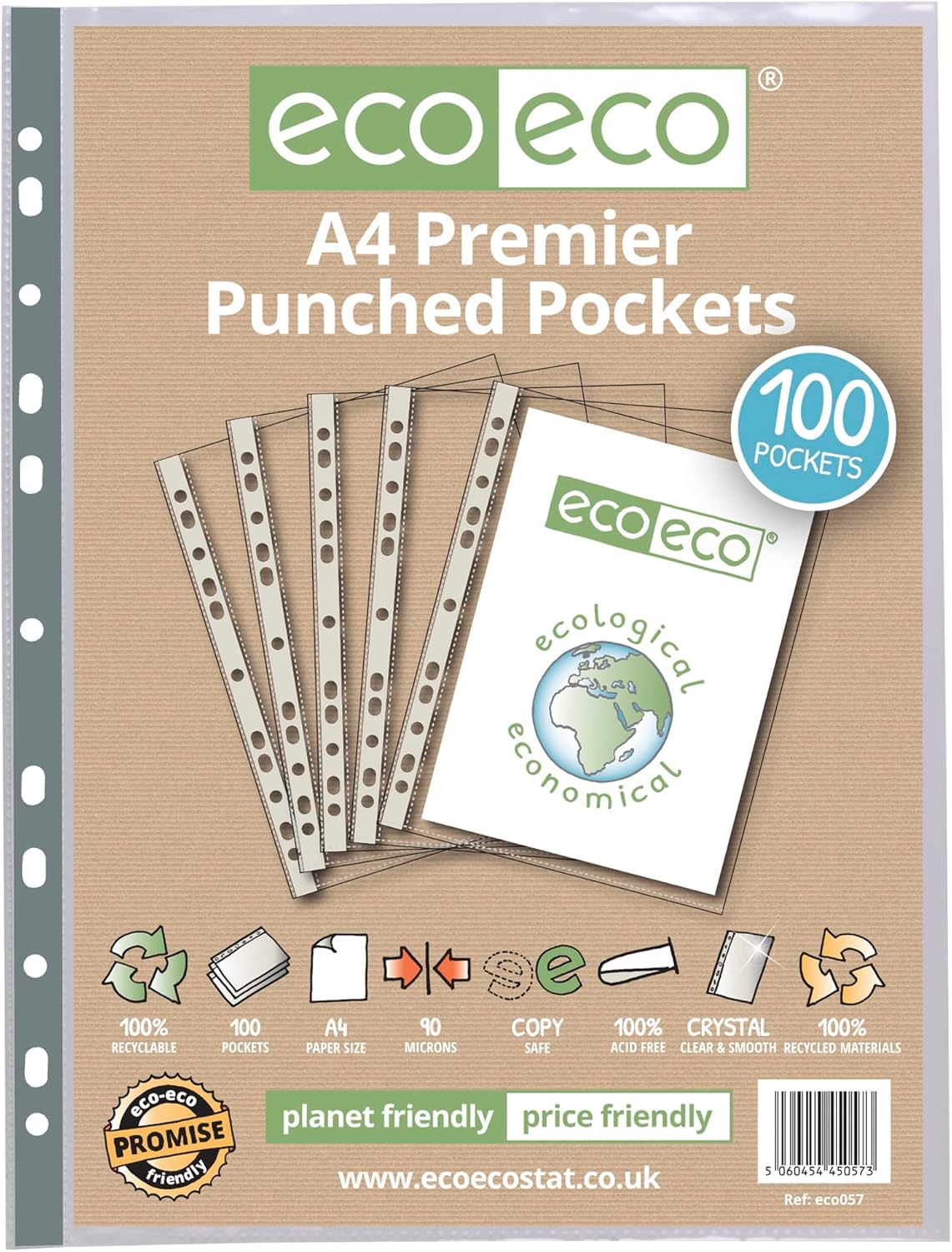 eco-eco A4 100% Recycled Premier Glass Clear 90 Micron 25, 50 or 100 Punched Pockets