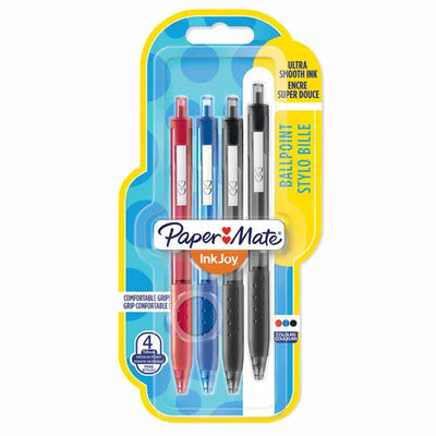 Paper Mate Inkjoy Retractable Ballpoint Pens. Black Red & Blue Pack of 4 pens