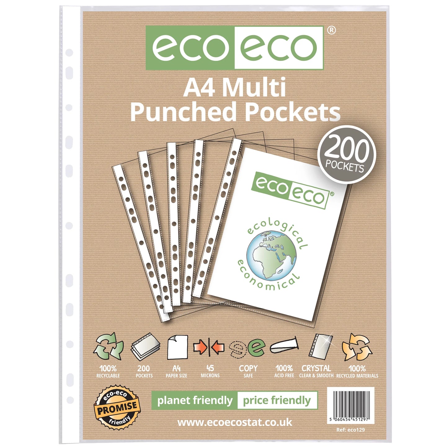 eco-eco A4 100% Recycled Glass Clear 45 Micron Punched Pockets 25, 50, 100 or 200
