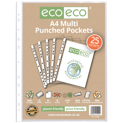 eco-eco A4 100% Recycled Glass Clear 45 Micron Punched Pockets 25, 50, 100 or 200