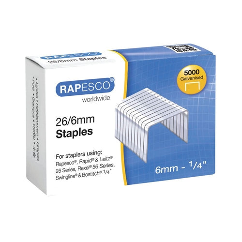 Rapesco 26/6mm Galvanised Staples Retail Pack 2000 or 5000