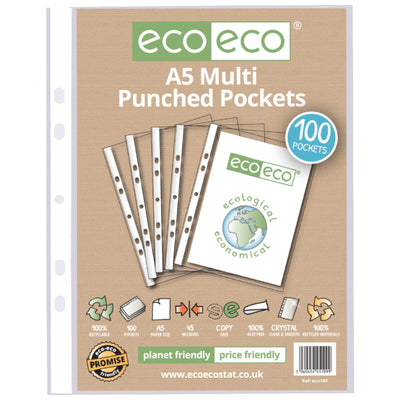 eco-eco A5 100% Recycled Glass Clear 45 Micron 25 or 100 Punched Pockets