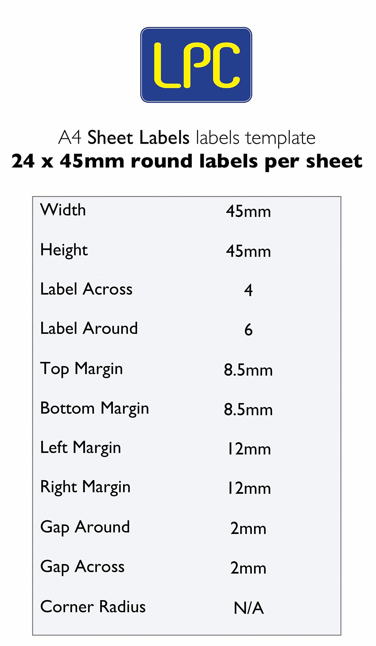 A4 45mm Round Label Sheets 24 to a Page
