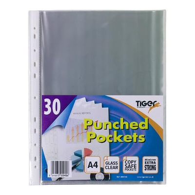 30 x A4 Glass Clear Plastic Strong Punched Pocket