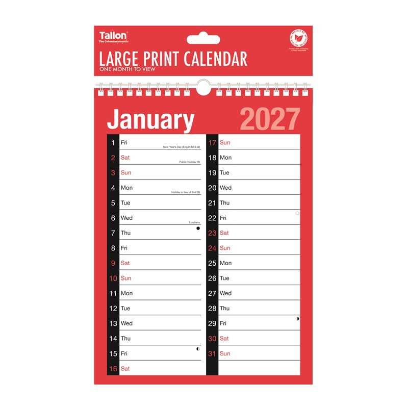 2027 Red & Black A4 Month To View 2-Column Calendar
