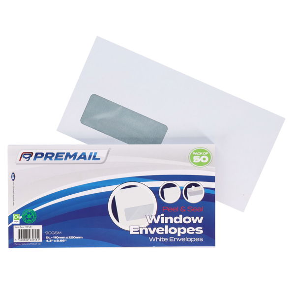 50 x White Window DL Peel and Seal Envelopes
