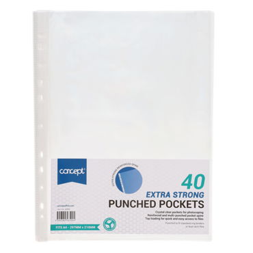 A4 Extra Strong Punched Pockets 80 Micron Glass Clear Pack of 40