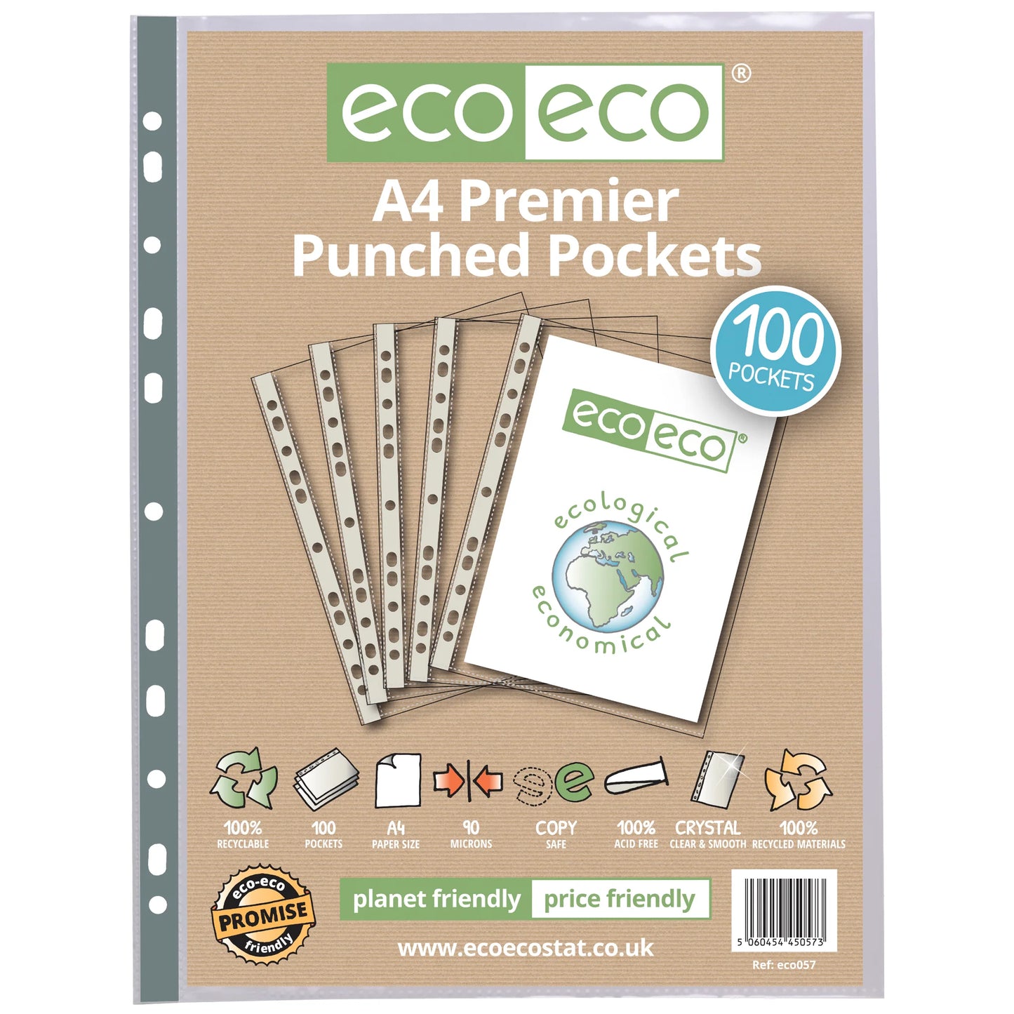 eco-eco A4 100% Recycled Premier Glass Clear 90 Micron 25, 50 or 100 Punched Pockets