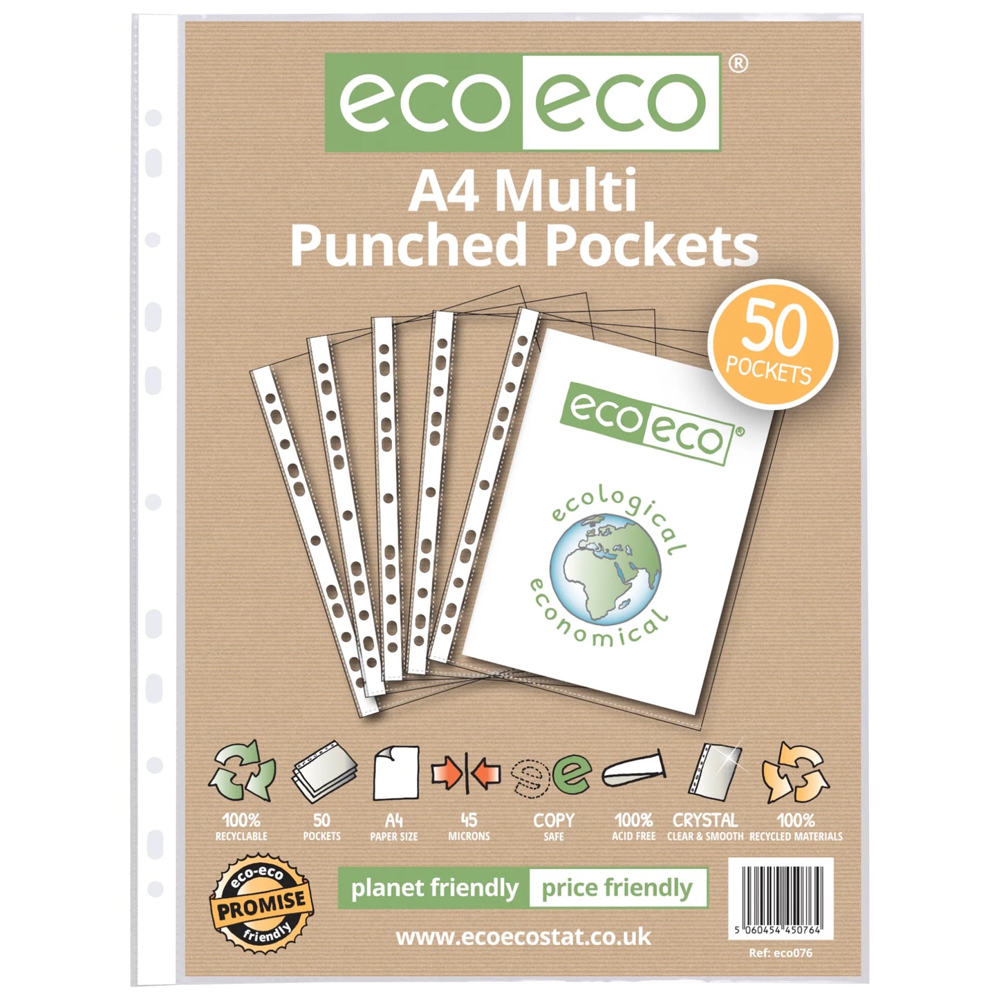 eco-eco A4 100% Recycled Glass Clear 45 Micron Punched Pockets 25, 50, 100 or 200