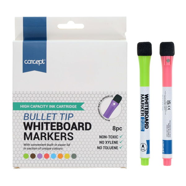 8 Bullet Tip Whiteboard Markers With Eraser Lid - Asst