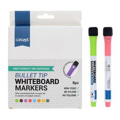 8 Bullet Tip Whiteboard Markers With Eraser Lid - Asst