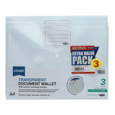 3 A4 Clear Button Document Wallets