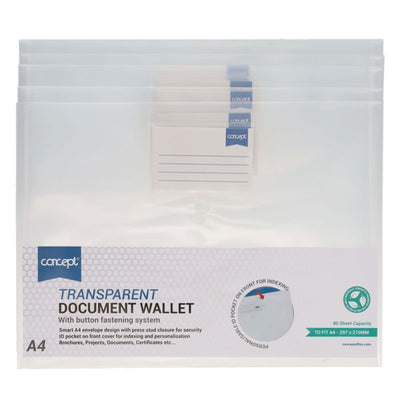 5 A4 Button Document Wallets Clear