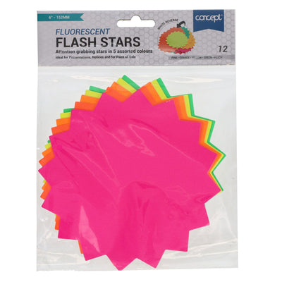 12 x 6" Fluorescent Card Flash Stars Assorted Colours