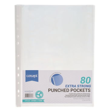 A4 Extra Strong Punched Pockets 80 Micron Glass Clear Pack of 80