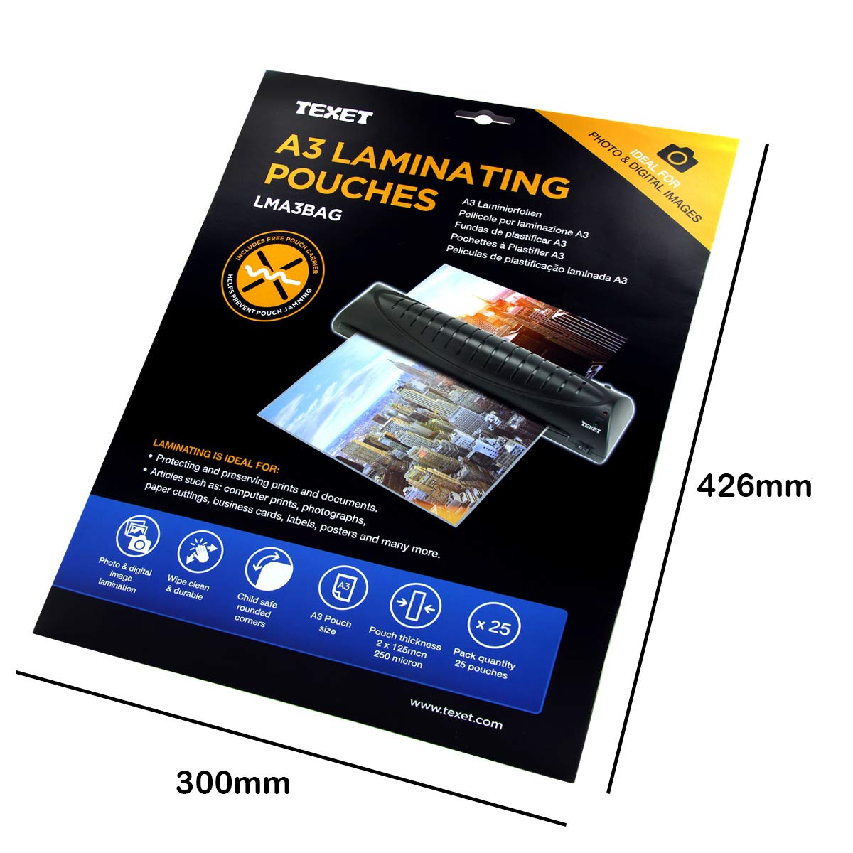 Texet A3 laminating pouches 250 microns Pack of 25