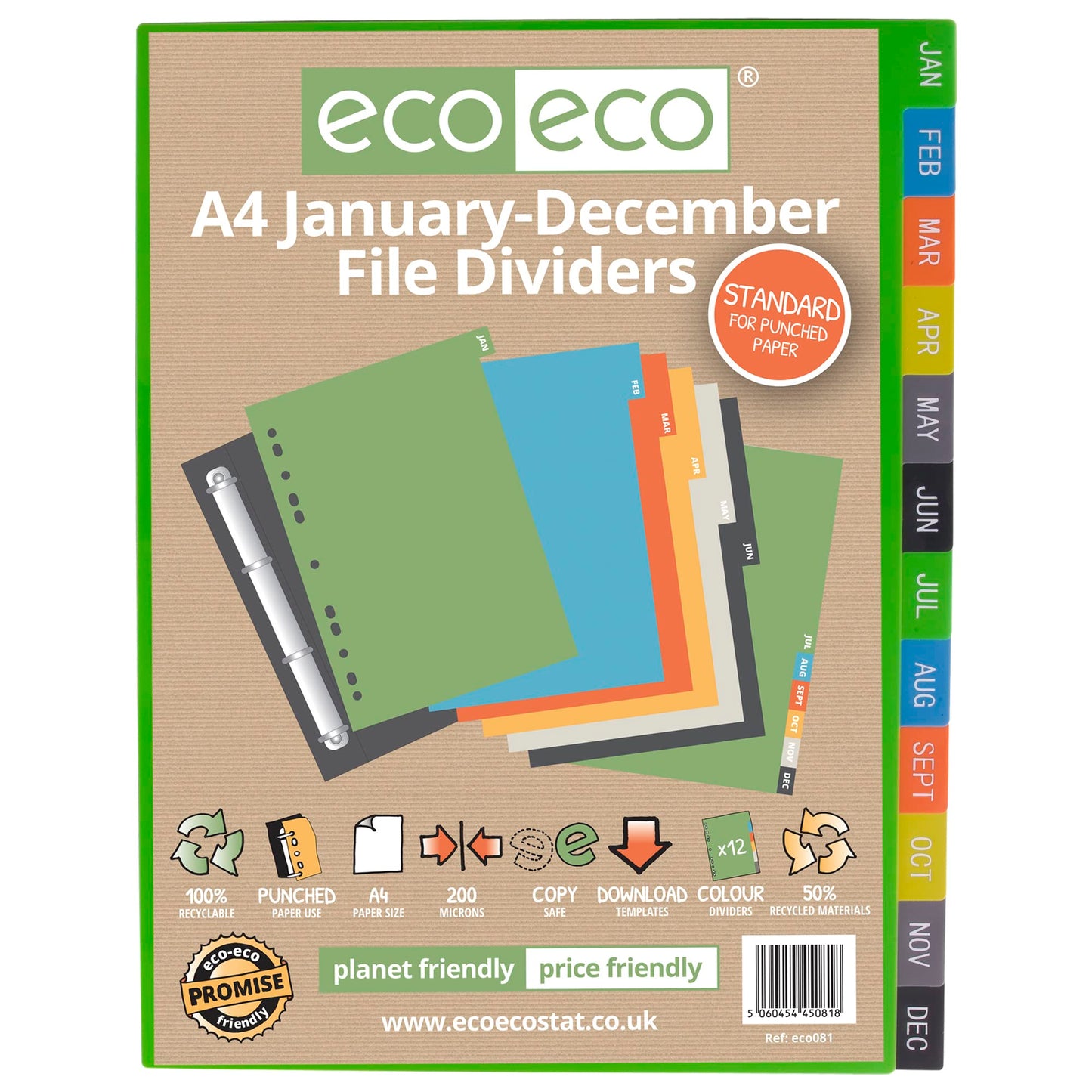 eco-eco A4 50% Recycled January - December File Dividers, eco081