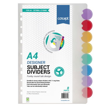 A4 8-Piece Polypropylene Subject Dividers