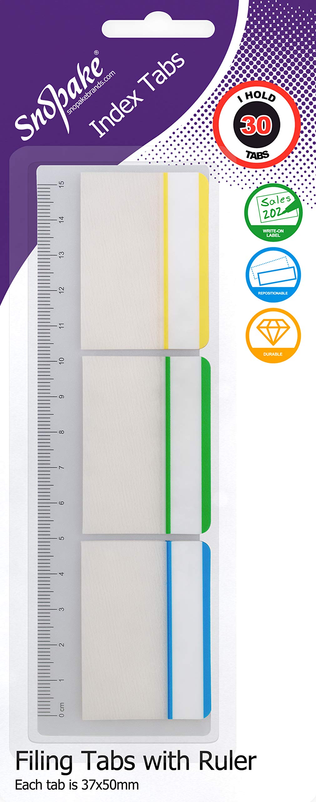 Snopake 15885  Extra Thick Repositionable Filing Index Tabs with Ruler 30 Tabs