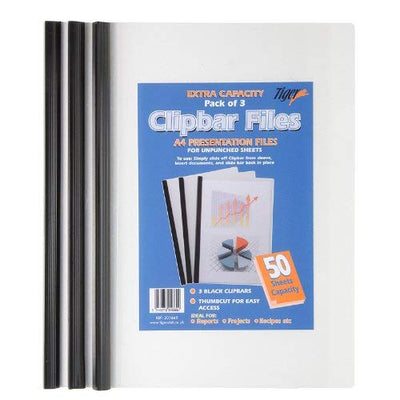 Tiger A4 Clip Bar File Document Presentation Folder in Black Pack of 3