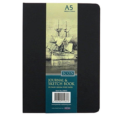 A5 Icon Journal and Sketch Book - Black - 192 Pages, 120gsm Ivory Paper