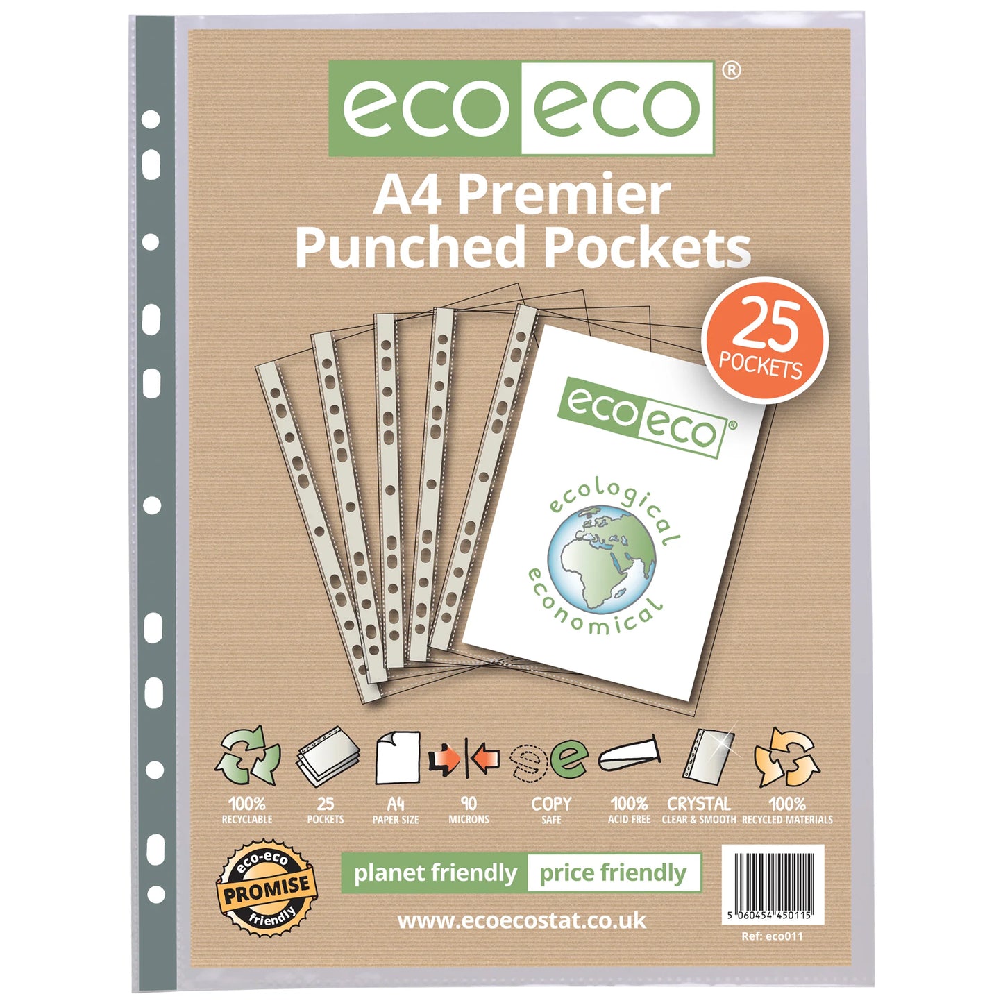 eco-eco A4 100% Recycled Premier Glass Clear 90 Micron 25, 50 or 100 Punched Pockets