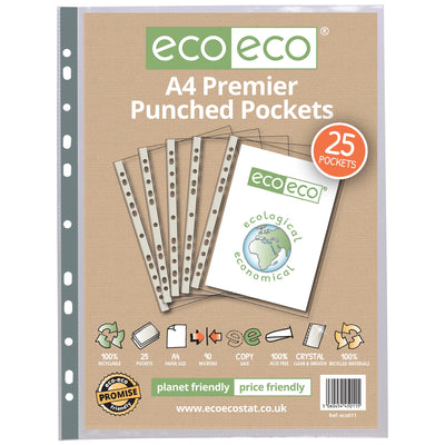 eco-eco A4 100% Recycled Premier Glass Clear 90 Micron 25, 50 or 100 Punched Pockets