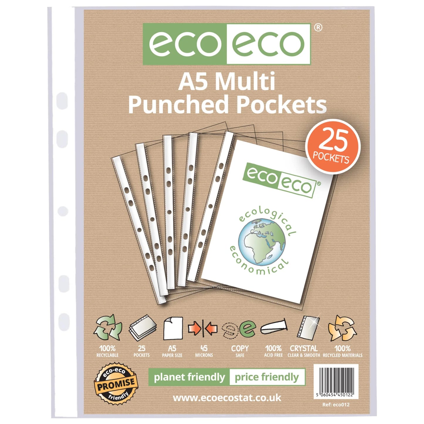 eco-eco A5 100% Recycled Glass Clear 45 Micron 25 or 100 Punched Pockets
