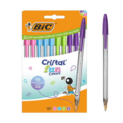 BIC Cristal Fun Ball Pens - Pack of 10 - Assorted Colours - 1.6mm