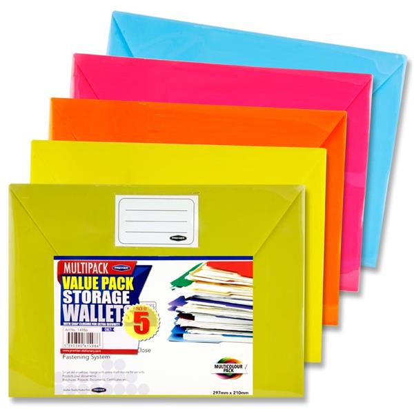 5 A4 Button Document Wallets - Bright