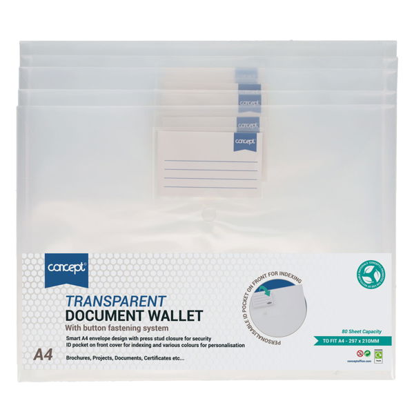 5 A4 Clear Plastic Document Wallets