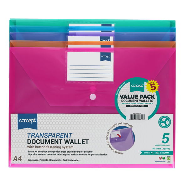 5 A4 Button Document Wallets Transparent Asst Colours