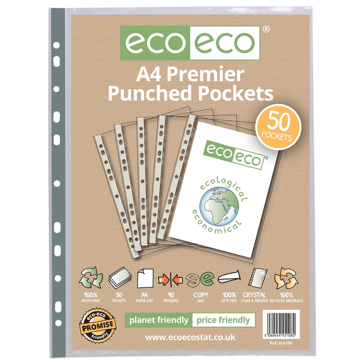 eco-eco A4 100% Recycled Premier Glass Clear 90 Micron 25, 50 or 100 Punched Pockets