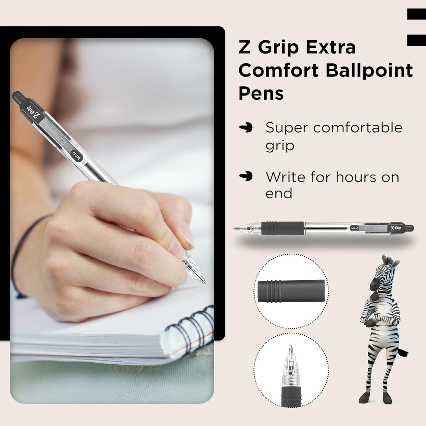 Zebra Pen Z Grip Black Retractable Ballpoint Pens x 8