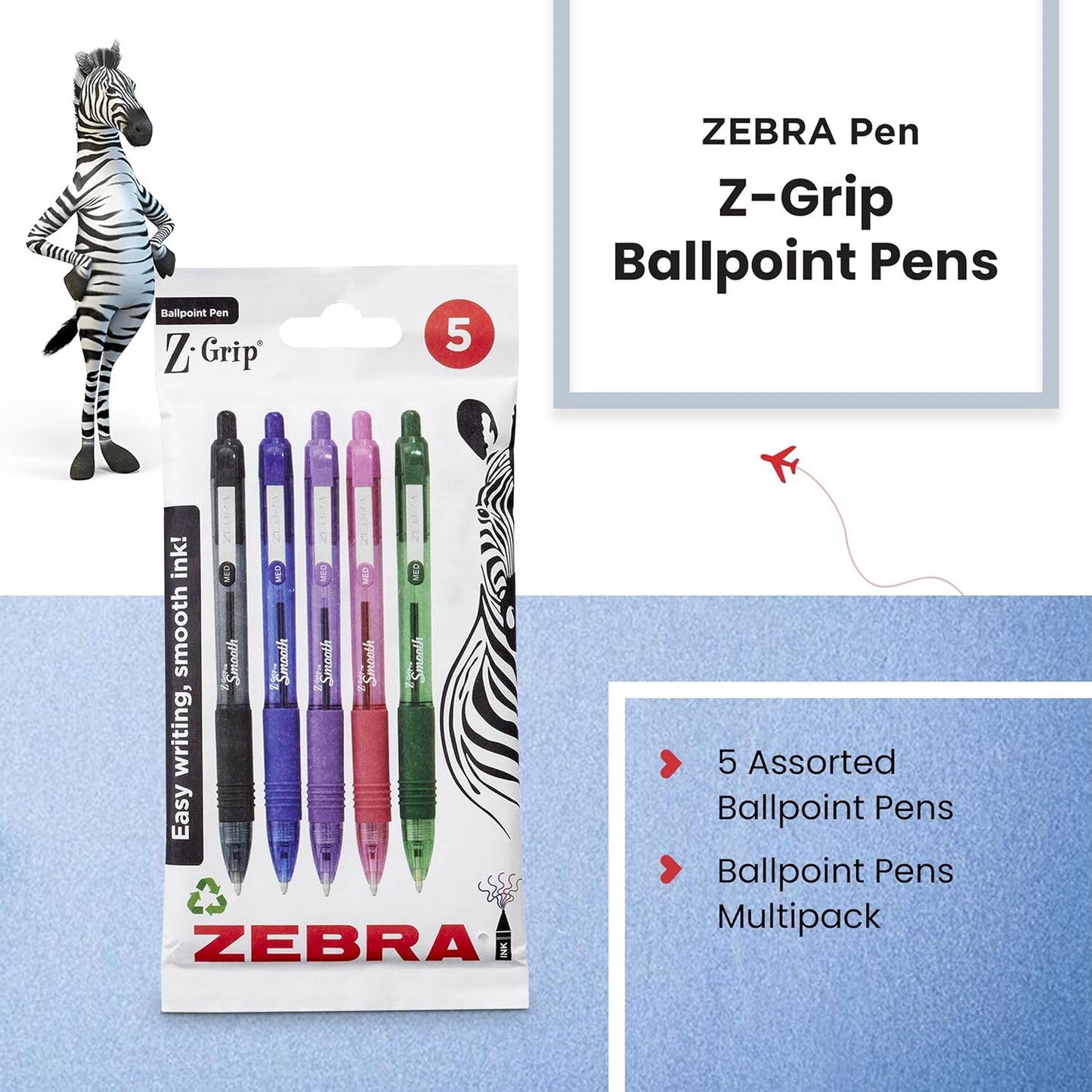Zebra Z Grip Smooth Multi-Coloured Multipack Biro Pens Medium Pack of 5