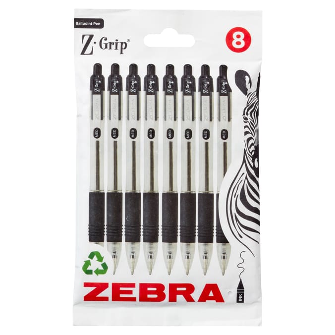 Zebra Pen Z Grip Black Retractable Ballpoint Pens x 8